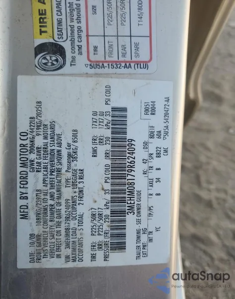 2009 Mercury Milan Premier from USA, damaged, VIN 3MEHM08179R624099